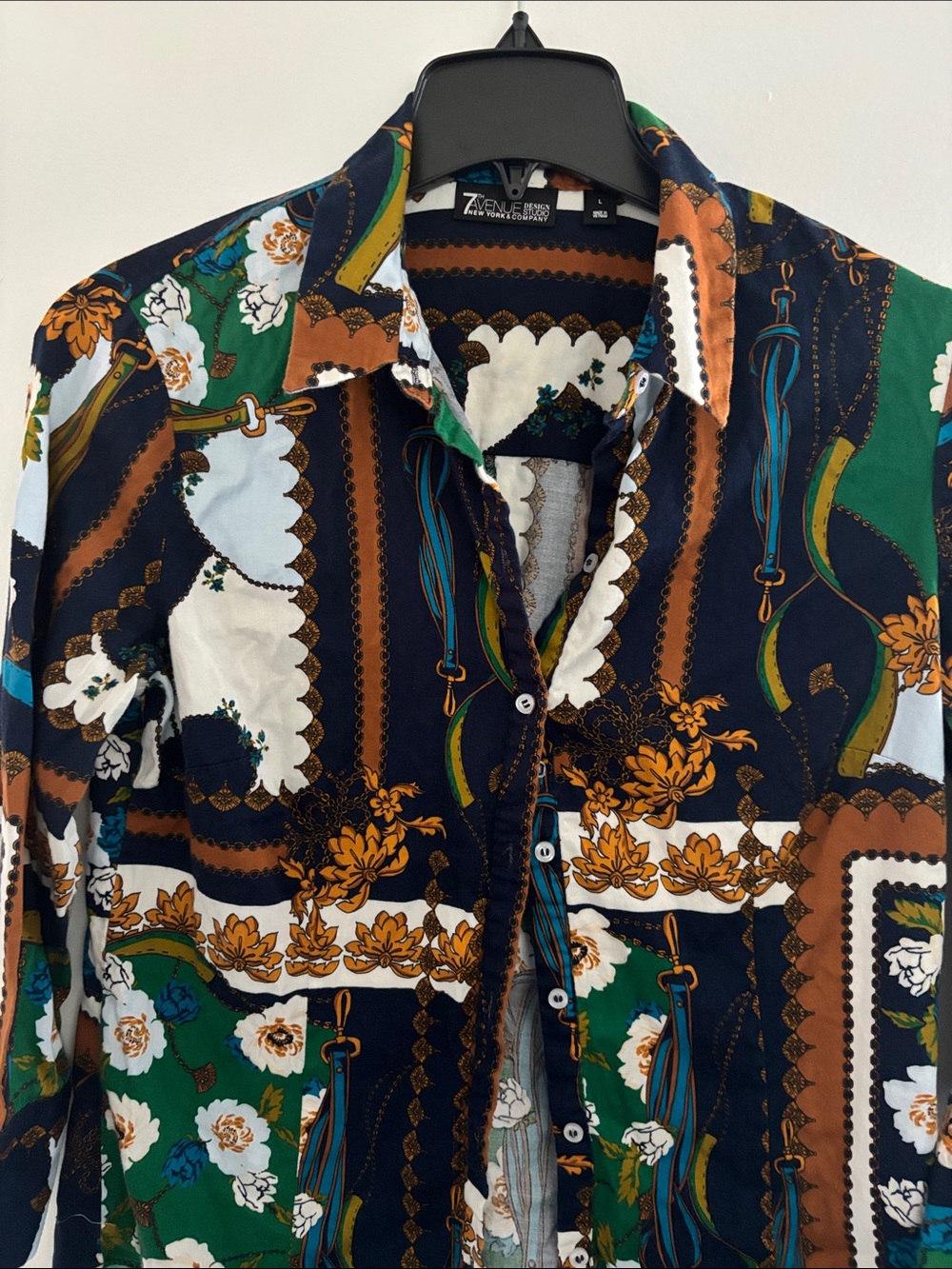 Zenergy by Chico's Navy Floral Patchwork Button-Front Blouse